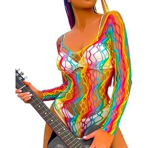 𝅺🌈 Rainbow Fishnet Stockings Mesh Lingerie Bodysuit Party Rave Boho Cosplay NWT